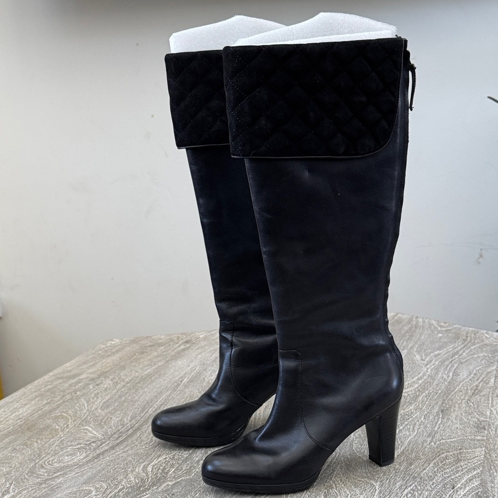 Ralph Lauren Black Leather Quilted Heeled Boots - Picture 3 of 9